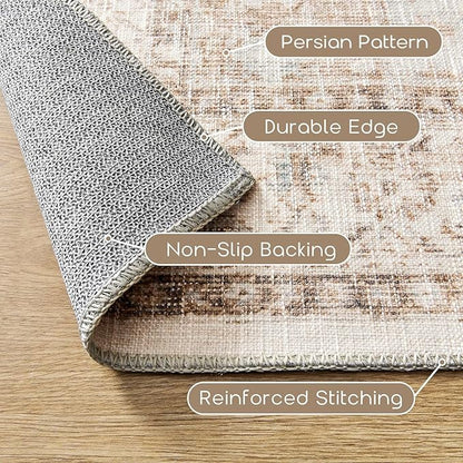 Boho Farmhouse Bedroom Rug Washable Easy Clean Stain Resistant Vintage Country Rustic Neutral Persian Area Rug for Dining Room Under Table,Light Tan Brown Beig with Terracotta Pattern,5x8