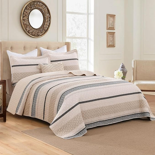 Homzard Quilts Queen Size, Cotton Comforter Set, Beige and Grey Queen Bed Set, Lightweight Striped Bedding, Farmhouse Reversible Bedspread All Season 3 Pieces