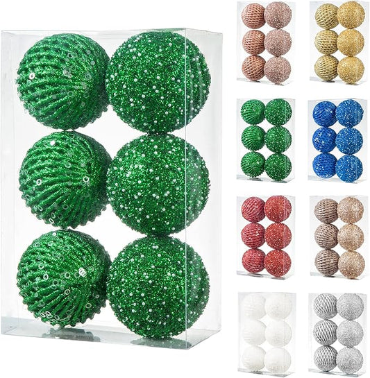6pcs 3.94" Christmas Ball Ornaments Glitter Shatterproof Christmas Tree Ornaments Sequin Xmas Hanging Balls Decorations for Wedding Party Holiday(Green, 6pc-10cm)