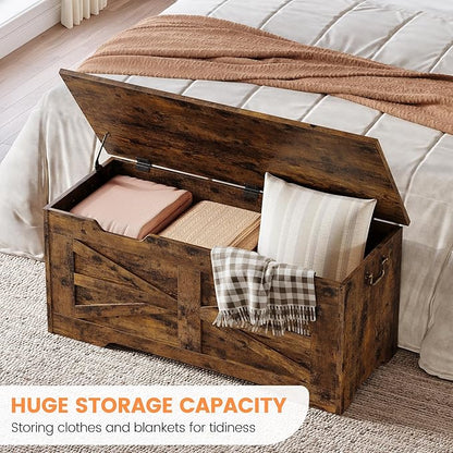IDEALHOUSE Storage Chest, 39.4" Storage Bench Wooden Toy Chest Box, Farmhouse Storage Trunk with Safety Hinge, Supports 350 lbs, for Entryway, Living Room, Bedroom,Rustic Brown