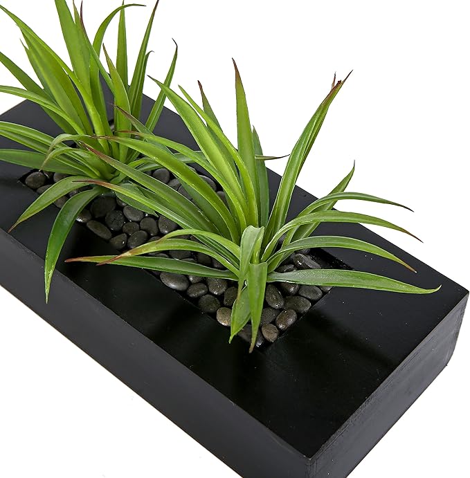 MyGift 10 Inch Fake Grass Artificial Plants in Rectangular Black Wood Planter - Faux Plants Indoor for Tabletop Centerpiece Décor