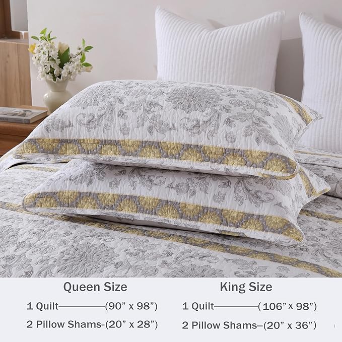 Homzard King Size Quilt - Cotton King Size Comforter Set,Grey Yellow White Striped Bedspread,Paisley Quilt Bedding,Lightweight Bedding with Two Pillow Shams