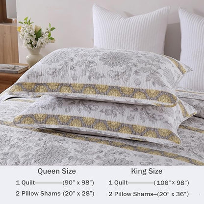 Homzard King Size Quilt - Cotton King Size Comforter Set,Grey Yellow White Striped Bedspread,Paisley Quilt Bedding,Lightweight Bedding with Two Pillow Shams