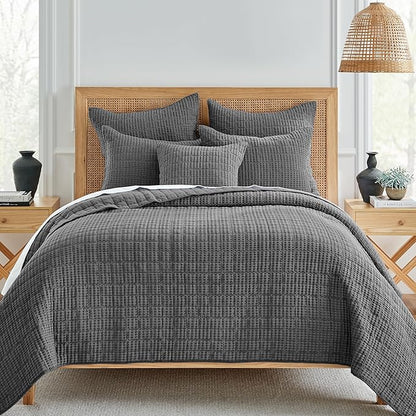 Levtex Home Mills Waffle King/Cal King Quilt Set (106x92in) with 2 Pillow Shams (36x20in) - Charcoal - 100% Cotton King Size Quilt Bedding Set - Lightweight, Soft, Pre-Washed
