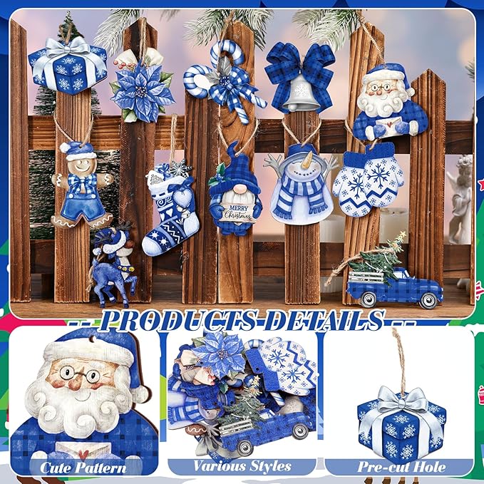 Suzile 36 Pcs Christmas Wooden Ornaments Blue Christmas Ornaments for Tree Vintage Winter Tree Decorations Xmas Hanging Wood Cutouts Decor for Farmhouse Home Winter Holiday Party Wreaths