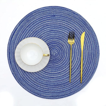 SHACOS Round Braided Placemats 15 inch Set of 4 Washable Kitchen Table Placemats for Home Wedding Party (Blue White, 4)