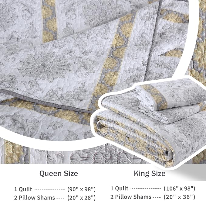 Homzard Quilts Queen Size - Cotton Comforter Set,White Grey Yellow Striped Quilt Bedspread Set,Paisley Bedding Queen Size and Two Pillow Shams