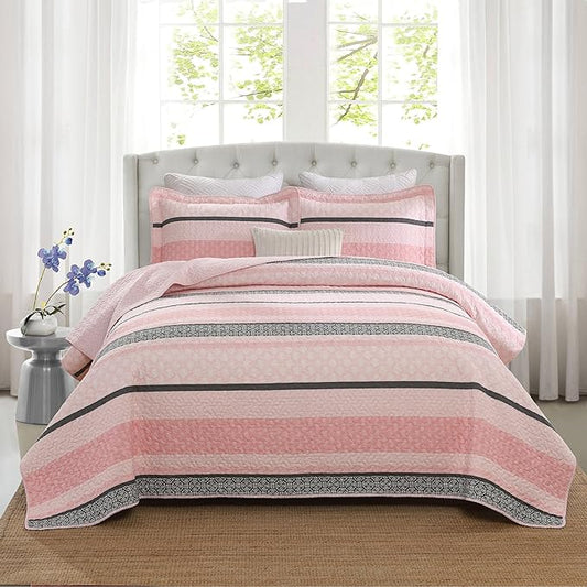 Homzard Quilts Queen Size, Cotton Comforter Set, Light Pink and Grey Queen Bed Set, Lightweight Striped Bedding, Farmhouse Bedspread All Season 3 Pieces