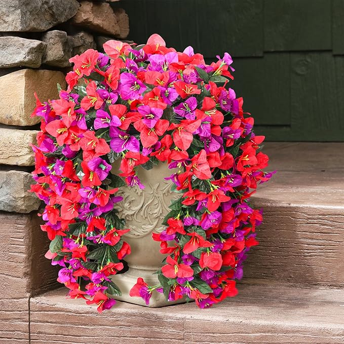 Faux Bougainvillea Artificial Flowers Plants for Outdoor Outside Spring Decoration, 2pcs Fake Silk Long Trailing Vines UV Resistant Realistic for Front Door Porch Planter Urn Patio Balcony Yard, Mix