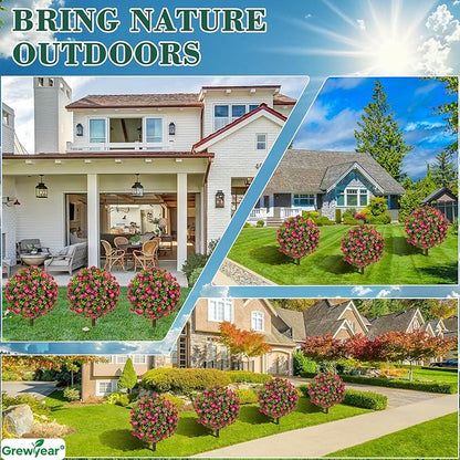 Artificial Topiary Ball with Ground Spike Set of 2, Faux Boxwoods for Outdoor Planters, UV Resistant Artificial Outdoor Plants for Porch, Fake Bushes Round Flower Shrub with Red Rose