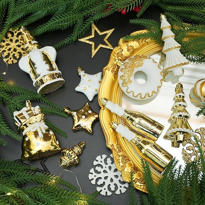 SHareconn 70pcs 2025 Classic Christmas Balls Ornaments Set, Shatterproof Plastic Baubles, Ribbon and Tree Topper for Xmas Tree Holiday Wedding Party Decorations with Hanging Strings, White and Gold