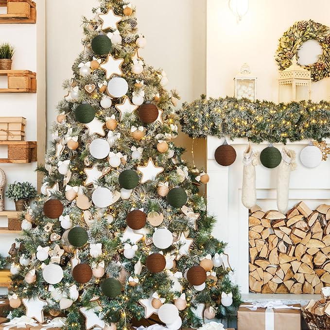 Syhood 9 Pcs 2.36 Inch Christmas Ball Ornaments Boho Farmhouse Jute Rope Hanging Balls Burlap Neutral Rustic Ornaments for Xmas Tree Holiday Wreath Garland Wedding Home(White, Green, Light Brown)