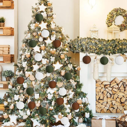 Syhood 9 Pcs 2.36 Inch Christmas Ball Ornaments Boho Farmhouse Jute Rope Hanging Balls Burlap Neutral Rustic Ornaments for Xmas Tree Holiday Wreath Garland Wedding Home(White, Green, Light Brown)