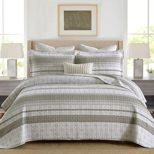 Homzard King Size Quilt Set, Grey White Snowflake Striped Comforter Set,Cotton Gray Bedspread King Size, Lightweight Comforter Fall Bedding 3 Piece All Season
