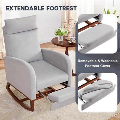Rocking Chair Nursery Chair with Foot Rest, Nursery Rocking Chairs with High Back, Glider Rocking Chair, Baby Nursery Glider Rocker, Nursing Chair Accent Living Room Grey with Blanket