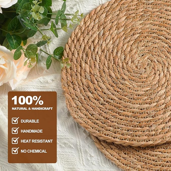 Round Woven Placemats 13.5 inch Set of 6 - Boho Rattan Placemat Natural Water Hyacinth Placemats, Farmhouse Weave Place Mats, Rustic Braided Wicker Table Mats for Dining Table,Home,Wedding