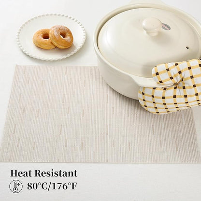 Leetaltree Pale Beige Placemats Set of 12 - Heat Resistant Non-Slip Place mats for Dining Table, Washable Durable PVC Vinyl Woven Table Mats（Pale Beige, 12）