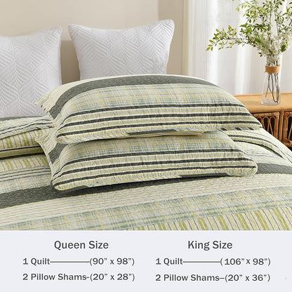 Homzard King Quilt - Cotton Comforter Set King Size, Army Green Yellow Striped Quilt Set,Olive Green Plaid Bedding Bedspread, Lightweight Farmhouse Bedding Set 3 Pieces All Season