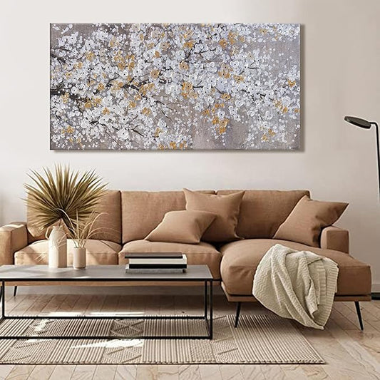 Botanical Wall Art Wall Decor Gold WhiteTree Flower Modern Canvas Art Print Abstract Artwork Pictures For Living Room Bedroom Bathroom Office Home Decor Can Be Hung Directly 24"X 48"