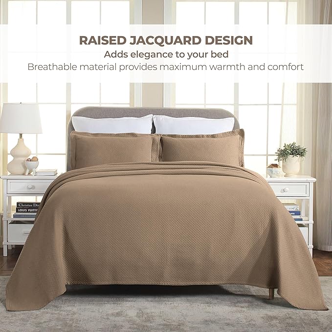 Superior Solitaire Cotton 3 Piece Bedspread Set, Home Bed Decor, Decorative Textured Bed Spread, 2 Pillow Shams, Airy Blanket, Matelasse Coverlet Bedding, All-Season Accent Blanket, Full, Taupe