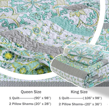 Homzard Sage Green Quilt King Size, Green Floral Quilt King，Cotton Comforter Set (106 * 98 Inches)