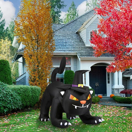 Haunted Hill Farm 6-ft. Wide Black Cat Blow Up with Lights, Outdoor Halloween Inflatable Decoration for Lawn and Yard, Giant Spooky Holiday Decor