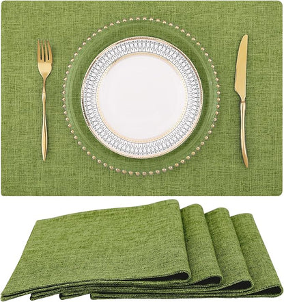 homing Grass Green Cotton Linen Blend Placemats for Dining Table Set of 4 – Washable Farmhouse Kitchen Mats for Indoors & Outdoors, Easy to Clean, 13 x 19 Inch