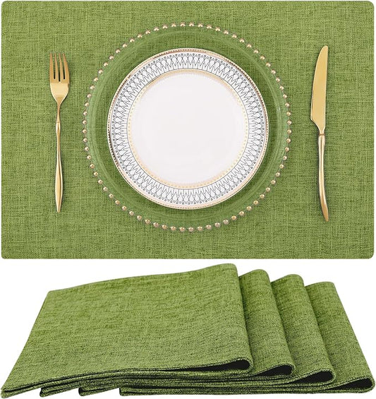 homing Grass Green Cotton Linen Blend Placemats for Dining Table Set of 4 – Washable Farmhouse Kitchen Mats for Indoors & Outdoors, Easy to Clean, 13 x 19 Inch