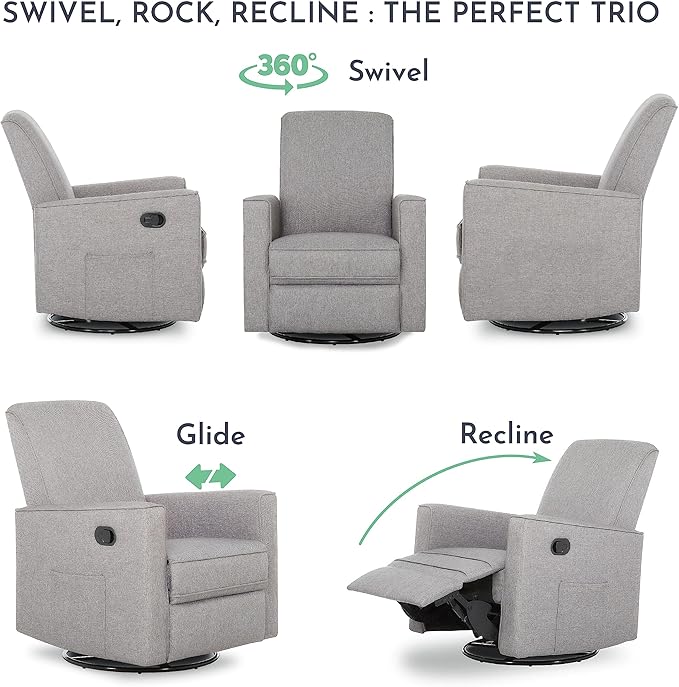 Evolur Raleigh Upholstered Plush Seating Glider Swivel, Rocker, Recliner, Glider for Nursery in Light Grey, Greenguard Gold Certified, Modern Nursery Recliner, Environmentally Conscious Glider