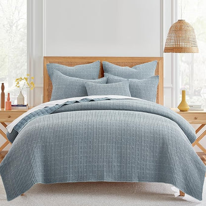 Levtex Home Mills Waffle King/Cal King Quilt Set (106x92in) with 2 Pillow Shams (36x20in) - Chambray - Cotton Waffle King Size Quilt Bedding Set - Lightweight, Soft, Pre-Washed