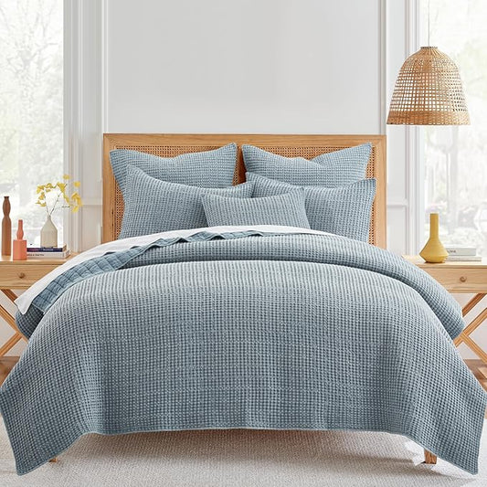 Levtex Home Mills Waffle King/Cal King Quilt Set (106x92in) with 2 Pillow Shams (36x20in) - Chambray - Cotton Waffle King Size Quilt Bedding Set - Lightweight, Soft, Pre-Washed