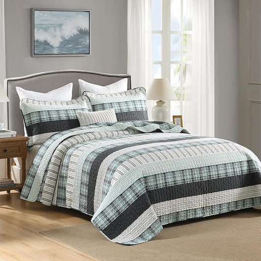 Homzard Queen Comforter Set，Cotton Quilts Queen Size，Teal Black White Bedding，Plaid Striped Bedspread，Lightweight Reversible Coverlet All Season 3 Pieces