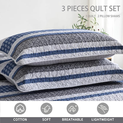 Homzard Quilt Bedding Set Queen Size - 100% Cotton Comforters Set Queen Size,Gray Blue Quilts Bedspread for The Bed, Farmhouse Lightweight Bedding (90 * 98 Inch) and 2 Pillow Shams All Season