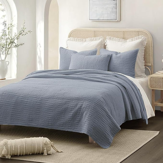 Wonderful Linen Cotton Quilt Set Queen Size, 100% Cotton Back and Filling, 3 Piece Pre-Washed Blue Bedding Cover, Wave Stitched Bedspread Coverlet Bedding Set 3-Piece for All Seasons, 94"x94"