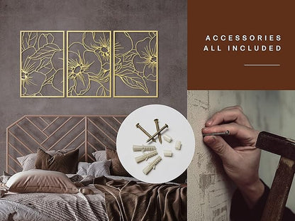 Vivegate Gold Minimalist Floral Single Line Metal Wall Art Decor - 18"X12" 3 Packs Gold Floral Abstract Minimalist Lines Wall signs for Hanging home wall decor