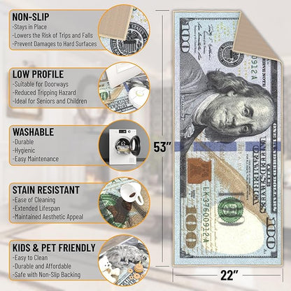 Machine Washable $100 Bill Design Cotton 22x53 Flatweave Runner Rug for Laundry Room, Bedroom, 22" x 53", Multicolor