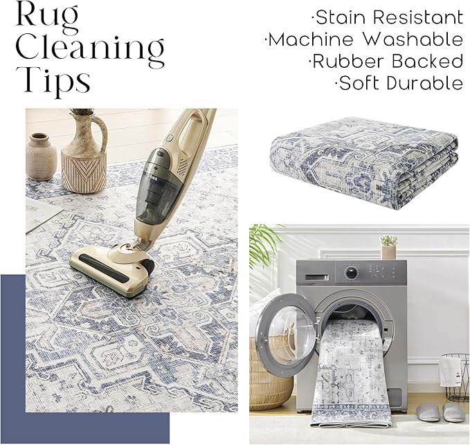 Boho Kitchen Rugs Washable - Non Slip Vintage Throw Area Rug 2x3 Thin Entryway Rugs Indoor,Front Door Mat Floor Doormat for Entry,Blue and Cream Beige