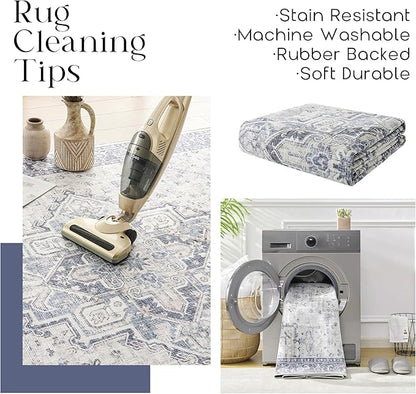 Boho Kitchen Rugs Washable - Non Slip Vintage Throw Area Rug 2x3 Thin Entryway Rugs Indoor,Front Door Mat Floor Doormat for Entry,Blue and Cream Beige