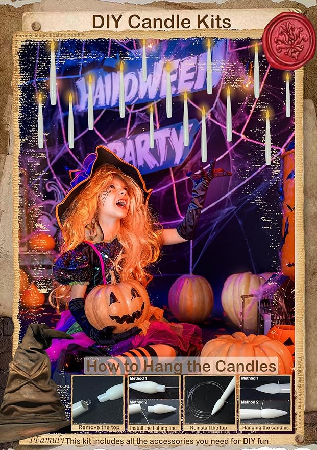 Halloween Decorations, 20 PCs Floating Candles with Wand, Magic Hanging Candles, Flickering Warm Light Flameless Floating LED Candle with Wand Remote, Battery Operated Taper Candle Set for Theme Party