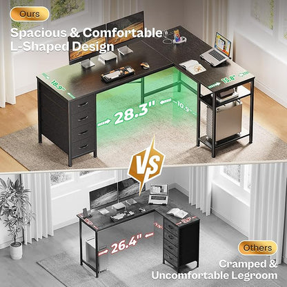 Huuger 55 Inch L Shaped Desk with Fabric Drawers, Reversible Computer Gaming Desk with Power Outlets and USB-C Port, Adjustable Side Storage Shelves, for Work Study Corner Home Office, Black