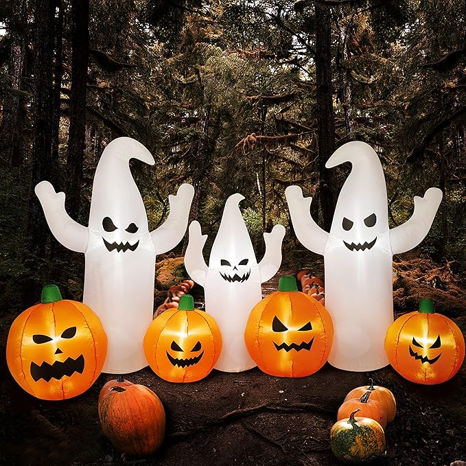 SAND MINE 8 FT Long Lighted Halloween Inflatable Ghosts with Pumpkins, Halloween Blow Up Decorations for Halloween Indoor Outdoor Garden Lawn Party Yard Decorations