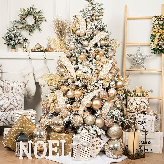 6pcs 3.94" Christmas Ball Ornaments Glitter Shatterproof Christmas Tree Ornaments Sequin Xmas Hanging Balls Decorations for Wedding Party Holiday(Champagne Gold, 6pc-10cm)