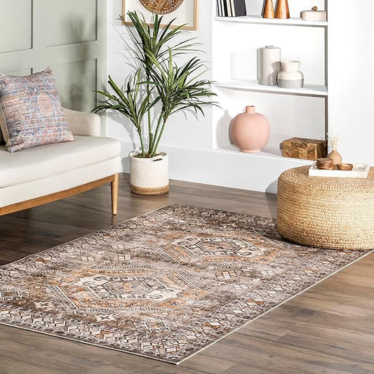 nuLOOM 4' x 6' SpinClean Machine Washable Stain-Resistant Area Rug with Non Slip Backing, Low Profile for Living Room, Bedroom, and Dining Room, Mae Brown