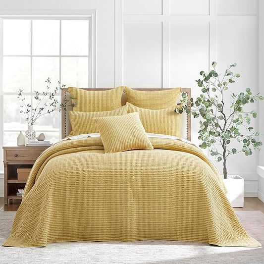 Levtex Home Mills Waffle King Bedspread Set (122x106in) with 2 Pillow Shams (36x20in) - Ochre - Cotton Waffle King Size Bedspread Set - Soft, Pre-Washed