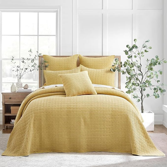 Levtex Home Mills Waffle Queen Bedspread Set (106x106in) with 2 Pillow Shams (26x20in) - Ochre - Cotton Waffle Queen Size Bedspread Set - Lightweight, Soft, Pre-Washed