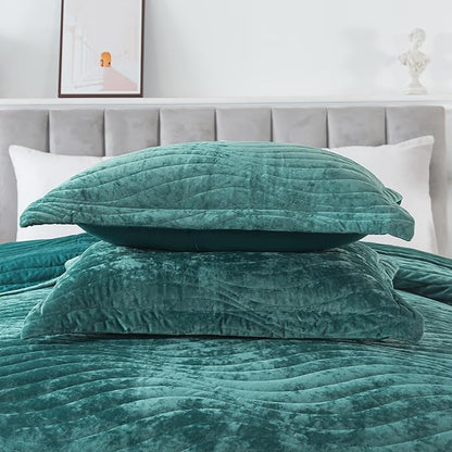 HoneiLife Queen Size Quilt Sets - Velvet Quilt for Queen Beds, Lightweight Bedspreads Solid Coverlets Queen Quilt Bedding Sets 3-Pieces, Blue-Green