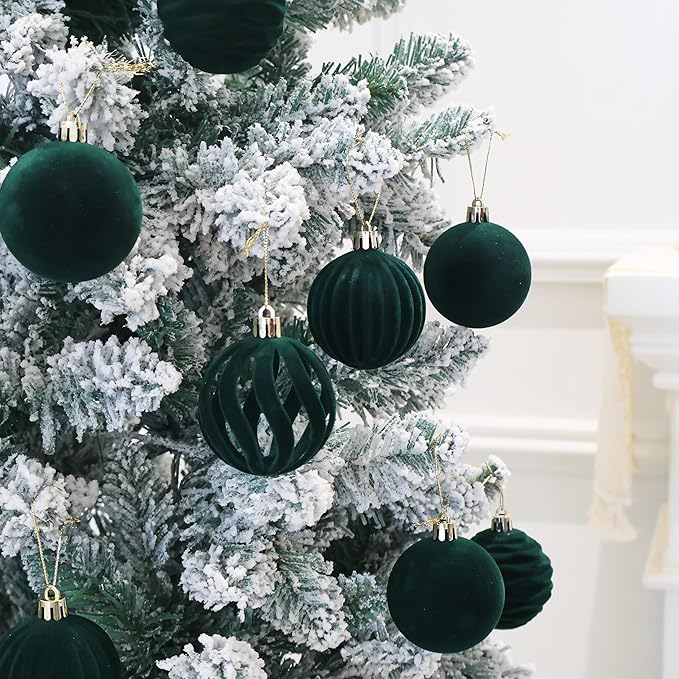 Senjie 3.15 inch Christmas Tree Ornaments Velvet Balls,12PCS Flocked Decoration Balls Ornaments Sets for Christmas 2025 Green