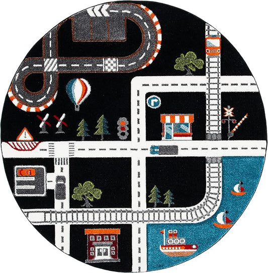 SAFAVIEH Carousel Kids Collection 4' Round Black/Ivory CRK192Z Neighborhood Road Non-Shedding Playroom Nursery Bedroom Area Rug