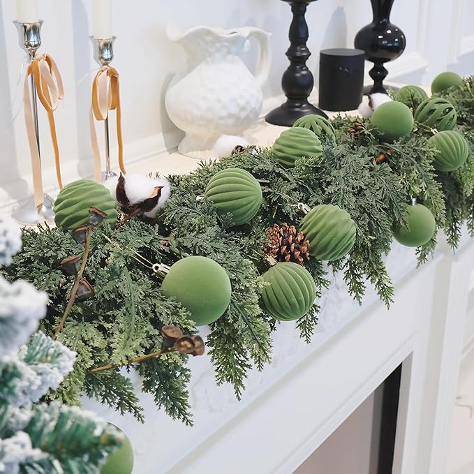 Senjie 3.15inch Christmas Tree Ornaments Velvet Balls,12PCS Flocked Decoration Balls Ornaments Sets for Christmas 2025 Green