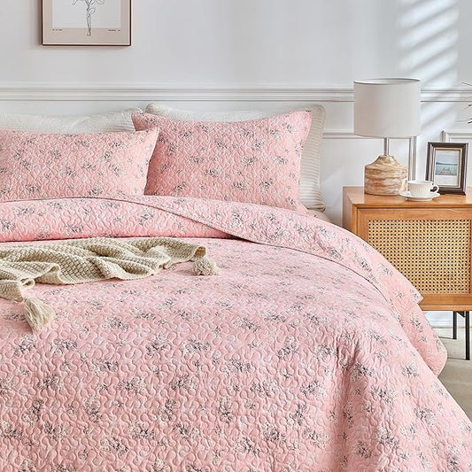 mixinni 3 Pieces Queen Size Comforter Set, Vibrant Colors Pink Floral Bedspread Coverlet Set, Summer Quilted Bed Set for All Season-(Includes 1 Quilt, 2 Pillow Shams)